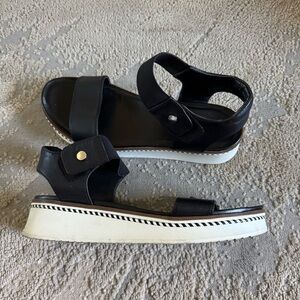 Franco Sarto Wedge Sandals leather black white ankle strap 8.5